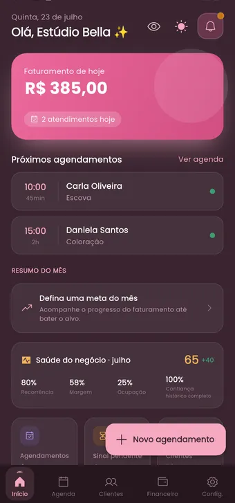 Tela de dashboard do app Meu Alfred mostrando a agenda do dia de um estúdio de beleza
