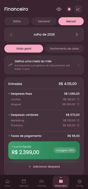 Tela de financeiro do app Meu Alfred mostrando o fechamento de caixa de um estúdio