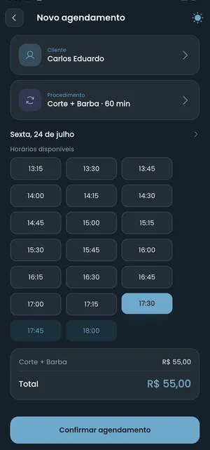Tela de novo agendamento público do app Meu Alfred numa barbearia